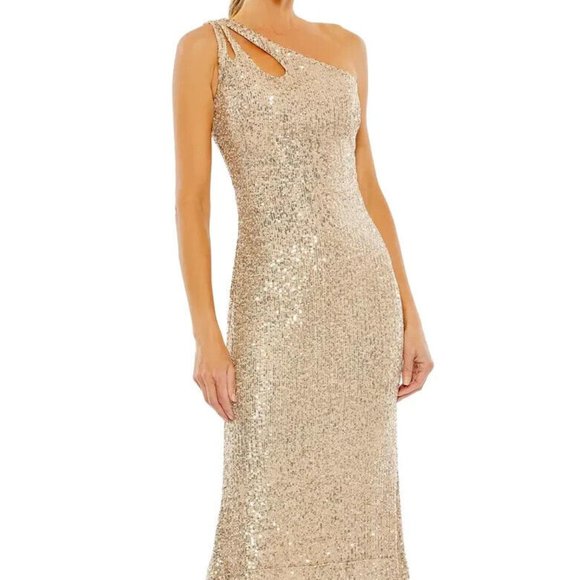 MAC DUGGAL 42029 SEQUINED STRAPPY ONE SHOULDER GOLD COLUMN GOWN sz 14 - Picture 1 of 5